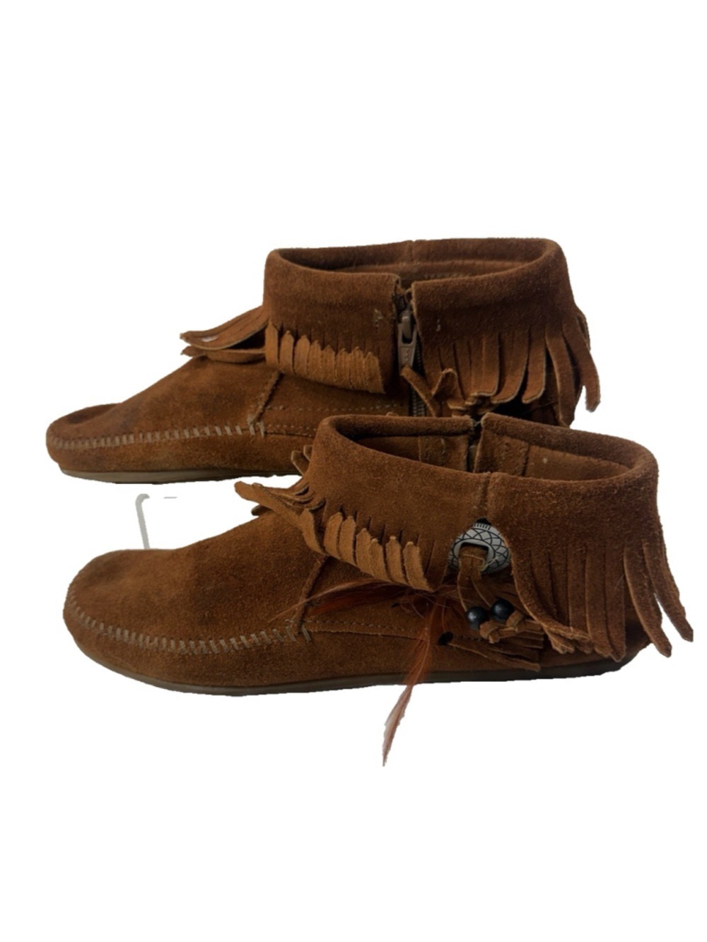 Minnetonka Womens Concho Feather Moccasin Boots Brown Sz 8.5 Handmade Suede